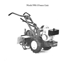 May include: Black and white image of a tiller with a black handle and a black and white engine. The tiller is on a white background. The text "Model 990-5 Power Unit" is printed above the image.