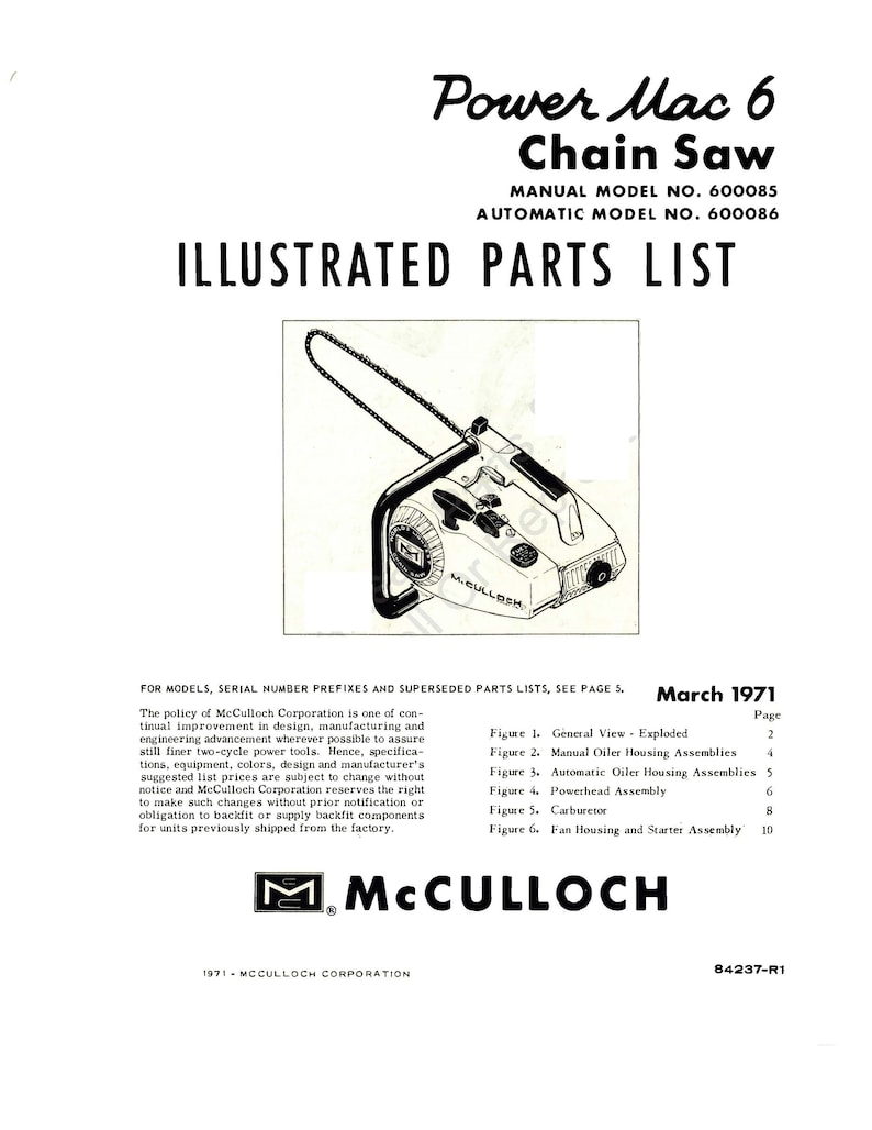 6 1971 Chainsaw Illustrated Parts List Manual Fits Mcculloch Power Mac