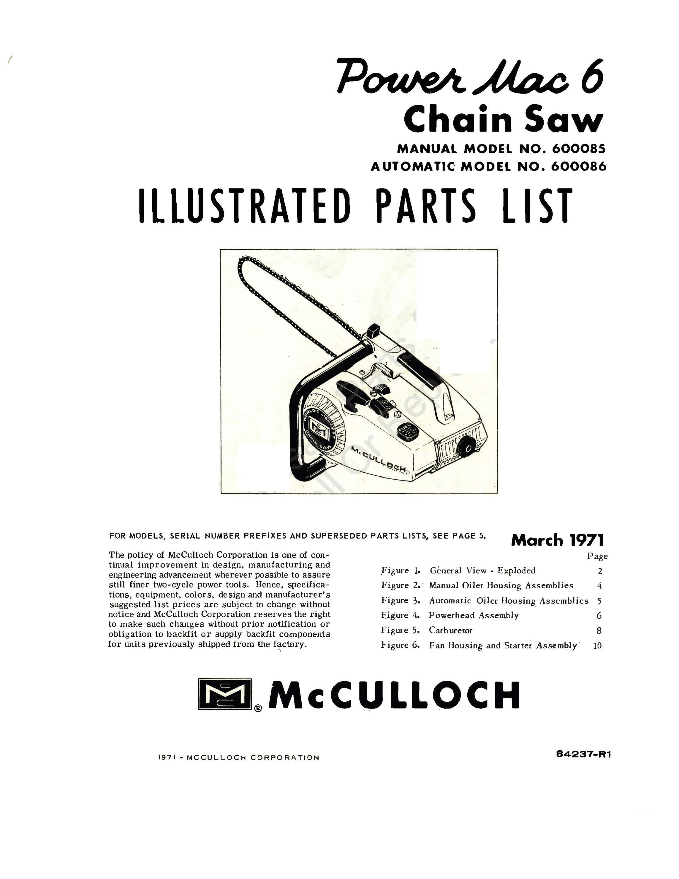 Manuale Illustrato Parti Per Motosega McCulloch Modello 250 (1965) - Vista Esplosa