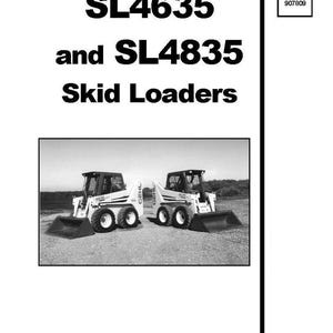 May include: Black and white photograph of a Gehl SL4635 and SL4835 skid loader service manual. The manual cover features a black and white photograph of two skid loaders with the Gehl logo on the side.