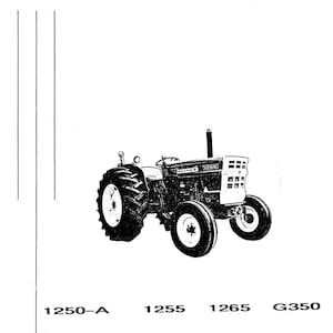 Może przedstawiać: Czarno-białe zdjęcie ciągnika z numerami modeli 1250-A, 1255, 1265 i G350 wydrukowanymi poniżej.