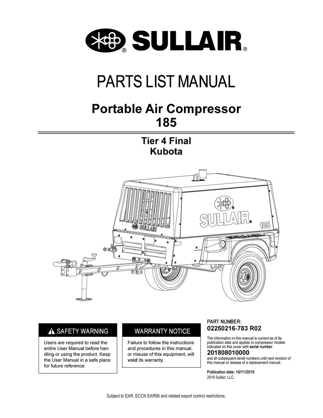 185 Portable Air Compressor Service Parts List Manual Fits Sullair 185