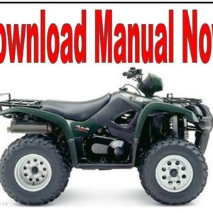May include: A green Suzuki ATV with black seats and a black and silver exhaust pipe. The ATV has four wheels and a black rack on the back. The text "Download Manual Now" is in red at the top of the image.