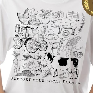 Op de afbeelding: Zwart-witte illustratie van een boerenscène met een tractor, een koe, een varken, een geit, een kip, maïs, wortels en andere boerderijvoorwerpen. De tekst "Support Your Local Farmer" staat onderaan de afbeelding.