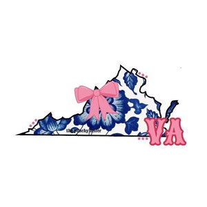 May include: A graphic of the state of Virginia, filled with a blue floral pattern. A pink bow is centered on the state, with the letters "VA" in pink below. The text "the punchy heifer" is at the bottom.