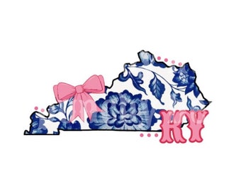 May include: A blue and white floral pattern fills the outline of the state of Kentucky. A pink bow is in the upper left corner of the state outline. The letters "KY" are in pink and are in a stylized font.