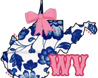 Chinoiserie West Virginia State PNG, Pink Bow, Coquette Preppy Design (Digital Download)