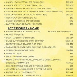 May include: A yellow price list for apparel and home goods from The Punchhy Heifer Etsy shop. The list includes items such as t-shirts, hoodies, mugs, candles, and tote bags. Prices are listed next to each item.