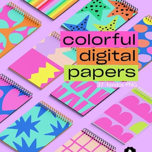 Puede incluir: Una colección de cuadernos de espiral con varios patrones vibrantes que incluyen rayas, estrellas, lunares, zigzags, corazones y cuadrículas. El texto "colorful digital papers" y "37 fondos PNG" está superpuesto en el centro de la imagen.