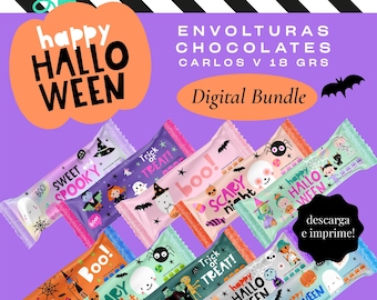 May include: A digital bundle of printable Halloween-themed chocolate bar wrappers. The wrappers feature various spooky designs with ghosts, pumpkins, and bats. The text on the wrappers includes "Boo!" "Trick or Treat!" "Happy Halloween" and "Scary Night".
