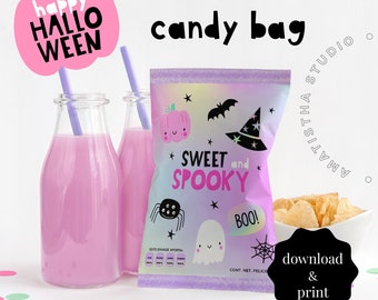 Halloween chip bag, halloween candy bags, pink halloween, halloween printable chip bag, halloween party favors