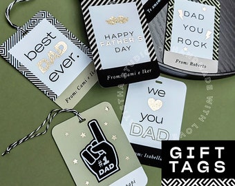 May include: A set of six gift tags with black and white geometric patterns. The tags feature gold glitter accents and messages like "best dad ever", "Happy Father's Day", "Dad you rock", and "#1 Dad".
