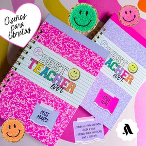 May include: Notebooks with pink and lilac covers, featuring the text "BEST TEACHER ever" in colourful glitter lettering. Smiley face stickers and sticky notes with names are also visible. The notebooks have spiral binding.
