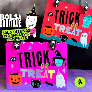 May include: Two pink and red Halloween treat bags with black and white stars, a black spider, a black cat, a ghost, a witch, and the text "Trick or Treat".