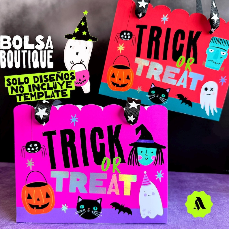 May include: Two pink and red Halloween treat bags with black and white stars, a black spider, a black cat, a ghost, a witch, and the text "Trick or Treat".