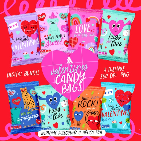 Valentines candy bags, valentines chipbags, bolsitas San Valentin, Valentines printable bag