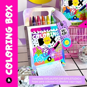 May include: A vibrant coloring box with the words "COLORING BOX" in a fun font. The box has a handle and includes crayons. The design uses bright colours and a smiling face. The box also has a tag that says "DE: ADI".