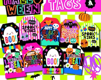 May include: A collection of Halloween-themed tags with various designs and text. The tags feature ghosts, pumpkins, bats, and the phrases "BOO!", "Trick or Treat", and "Happy Halloween". The tags are in bright colors with a neon green and pink background.