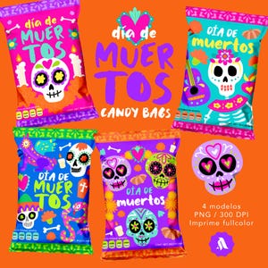 Puede incluir: Un fondo naranja presenta varias bolsas de caramelos coloridas con diseños de calaveras del Día de Muertos. Las bolsas son de varios colores, incluyendo rosa, azul y morado, con texto en español. También hay un gráfico de calavera.