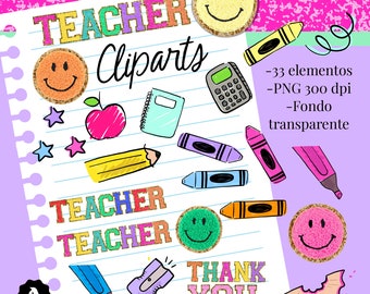 Peut inclure: Un ensemble de 33 images clipart pour enseignants au format PNG avec fonds transparents. Les images comprennent une variété de fournitures scolaires, telles que des crayons, des crayons de couleur, une calculatrice, un cahier, une pomme et des étoiles. Il y a aussi plusieurs visages souriants avec des accents de paillettes. Le texte "TEACHER" et "THANK YOU" sont également inclus dans l'ensemble de clipart.