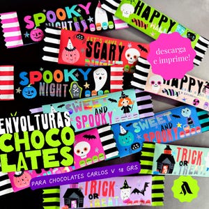 Puede incluir: Un conjunto de envoltorios de chocolate con temática de Halloween, coloridos y con personajes espeluznantes, fantasmas y murciélagos. Los envoltorios están impresos con frases como "Spooky Night", "Let's Have a Scary Night", "Sweet and Spooky" y "Trick or Treat".