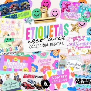 Pode incluir: Uma coleção digital de etiquetas escolares com vários designs, incluindo monster trucks, animais de balão, ursinhos de pelúcia, carros de corrida, flores e corações. O texto central diz ETIQUETAS escolares COLECCIÓN DIGITAL com um clipe dourado.