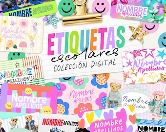 Diseños ETIQUETAS ESCOLARES colección 2026 + fondos + cliparts + fonts