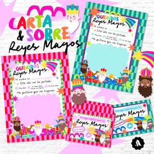 以下が含まれることがあります： 「Carta & Sobre Reyes Magos」と「Queridos Reyes Magos」のテキストが入ったカラフルな文房具セット。セットには、三賢者、星、虹のイラストが入った手紙テンプレートと封筒が含まれています。カラーパレットには、ピンク、グリーン、ブルーが含まれています。