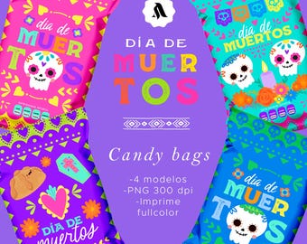 May include: Four colorful candy bags with Day of the Dead designs. Each bag features a skull, flowers, and the text "Dia de Muertos".