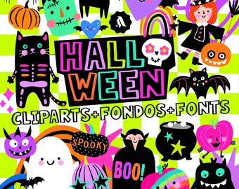 May include: A vibrant Halloween-themed digital art piece with various cartoon characters and elements. Includes a spider, pumpkin, Frankenstein's monster, black cat, heart, rainbow, witch, bat, skull, ghost, vampire, cauldron, and pumpkins. The text "HALLOWEEN CLIPARTS+FONDOS+FONTS" is also present.