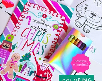 May include: A coloring book with a pink, white, and green striped cover featuring the text "The Coloring Book merry CHRIS MAS". The book is next to a box of colored pencils and a coloring page with a cartoon dog.