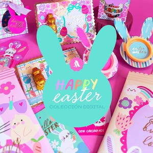 Puede incluir: Una vibrante colección temática de Pascua con tarjetas, etiquetas de regalo y golosinas. El diseño incluye orejas de conejo, huevos y patrones florales en rosa, azul y amarillo. Se ven las palabras "Happy Easter" y "Colección Digital".
