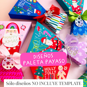 Puede incluir: Un conjunto de cajas de regalo para fiestas de Navidad de colores con varios diseños que incluyen a Papá Noel, bastones de caramelo y árboles de Navidad. Las cajas tienen forma de cono y tienen un borde festoneado. El texto en las cajas dice "Holly Jolly Christmas", "Jolly Days" y "Happy Xmas". El texto "Diseños Paleta Payaso" está escrito en rosa sobre un fondo blanco. El texto "Sólo diseños NO INCLUYE TEMPLATE" está escrito en negro sobre un fondo blanco.
