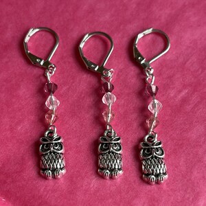 Set of 3 Owl stitch markers with Pink & clear coloured beads