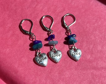 Set of 3 Love heart & coloured stone stitch markers