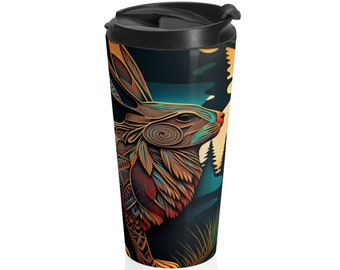 Rabbit Stainless Steel Travel Mug, Pacific Northwest Art, 15oz