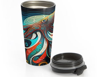Octopus Stainless Steel Travel Mug, Native Coastal Chicano Art