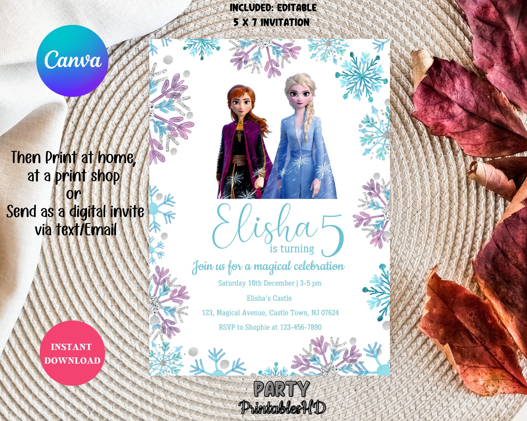 Editable Frozen Birthday Invitation Template, Princess Elsa Girl Evite