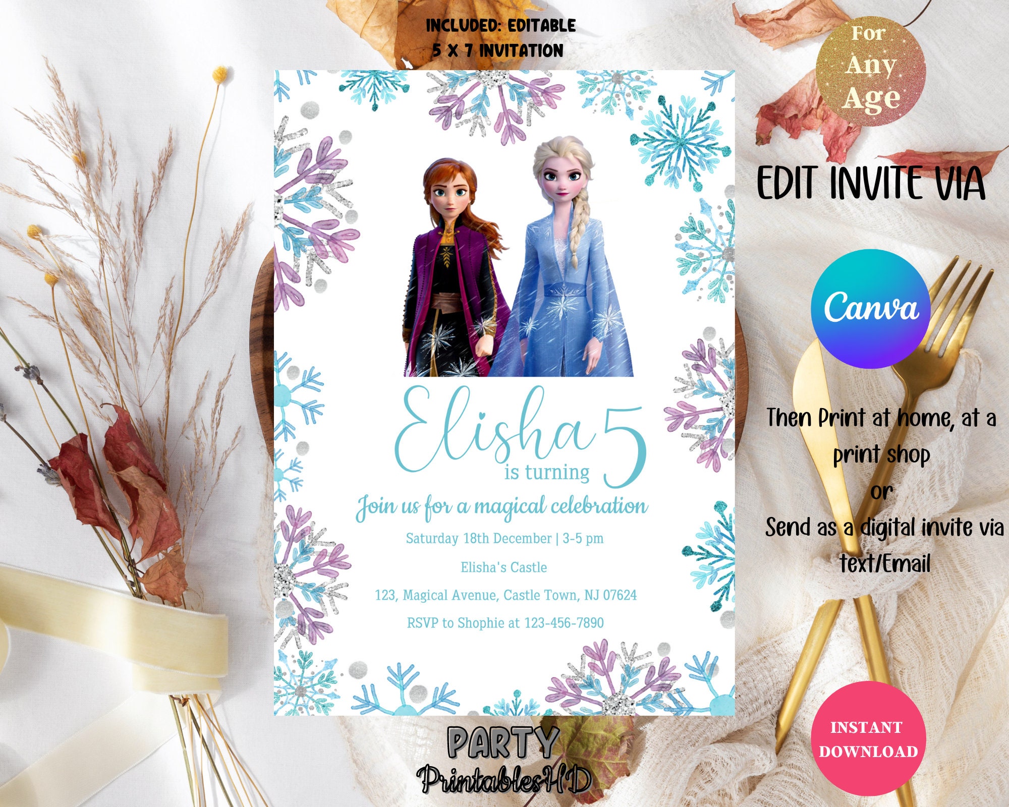 Editable Frozen Birthday Invitation Template, Princess Elsa Girl Evite