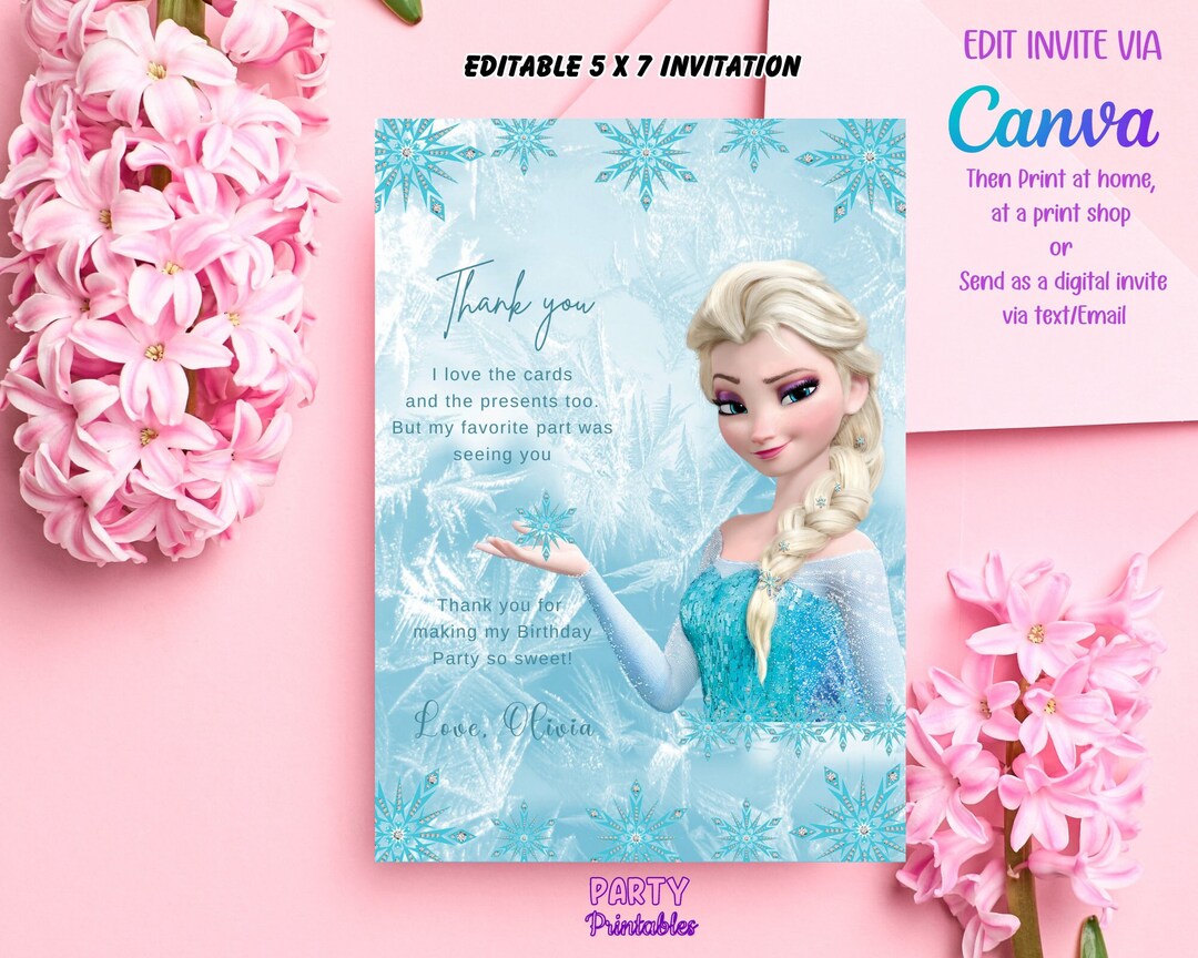 Editable Frozen Birthday Thank You Card Princess Elsa Girl - Etsy New ...