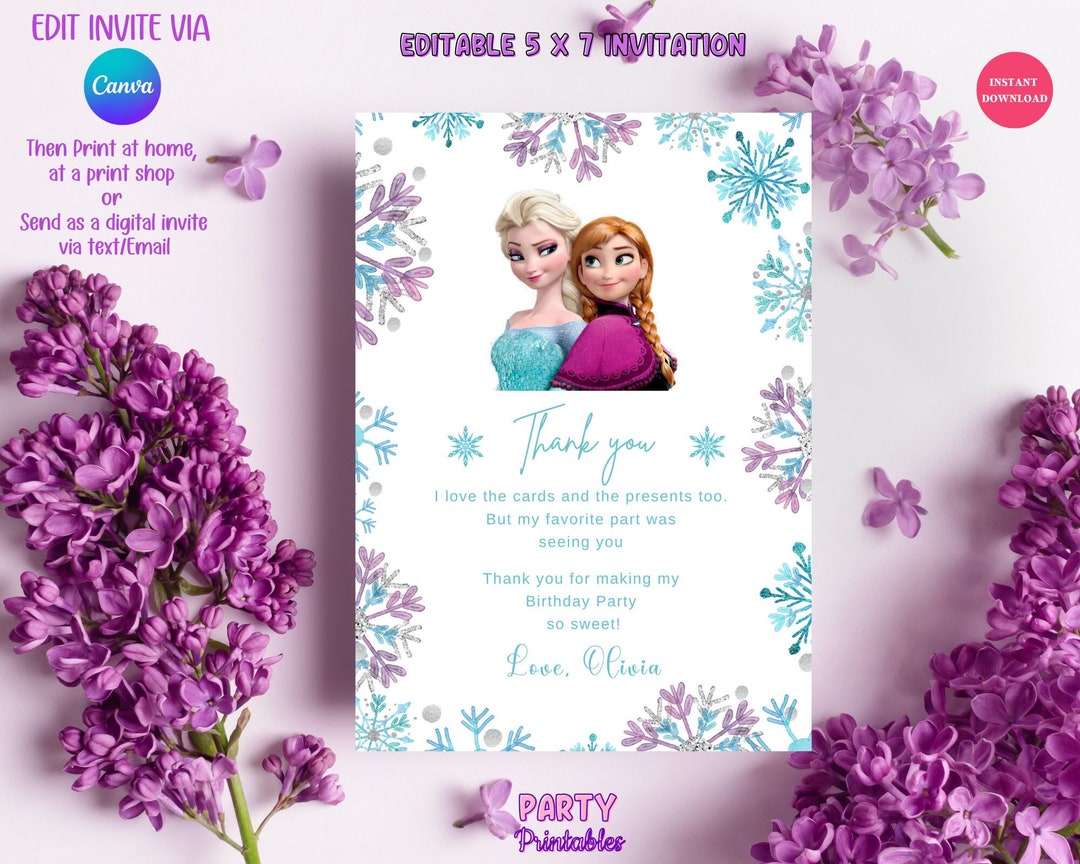 Editable Frozen Birthday Thank You Card, Princess Elsa Girl Evite ...