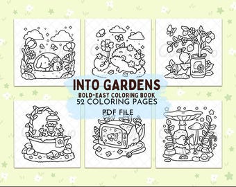 Libro para colorear "Jardines", páginas para colorear de plantas, flores y animales adorables para adultos y adolescentes, descarga en PDF imprimible, arte para aliviar el estrés.