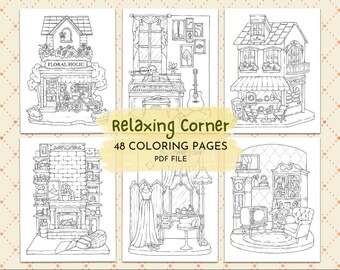 Puede incluir: Una colección de 48 páginas para colorear en un archivo PDF titulado Relaxing Corner, que presenta ilustraciones de líneas en blanco y negro de varias escenas interiores y exteriores, incluyendo una floristería, sala de música, cafetería, chimenea, tocador y sala de estar.