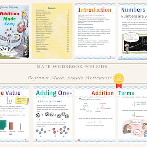 Könnte beinhalten: Ein farbenfrohes Arbeitsbuch für Kinder mit dem Titel "Addition Made Easy" mit einem Comic-Dinosaurier auf dem Cover. Das Arbeitsbuch enthält Lektionen über den Stellenwert, das Addieren von Eins, Additionsterme und mehr.