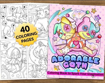 Adorable libro para colorear gótico, páginas para colorear de terror kawaii, lindos diseños espeluznantes, libro para colorear relajante, cómodo y divertido para adultos y adolescentes, PDF