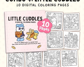 Puede incluir: Un conjunto de libros para colorear digitales titulado COMBO 4: LITTLE CUDDLES con 10 páginas para colorear. La portada muestra un panda y un pollito con cestas de pan, junto a escenas en blanco y negro que muestran varios personajes.