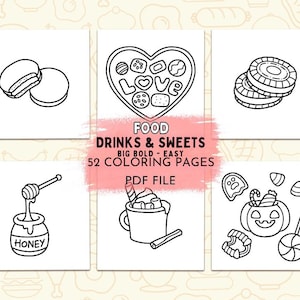 Libro para colorear de comida, bebidas y dulces, 52 páginas fáciles y llamativas (descarga en PDF) imagen 1