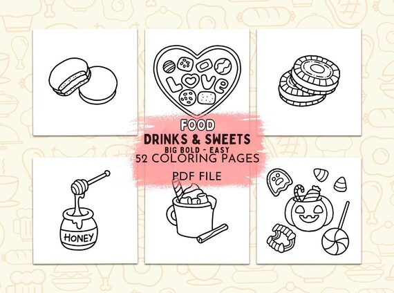 Food Drink and Sweets Coloring Book, Cute Food and Drink Coloring Pages for Adults and Teens, Printable PDF Download, Stress Relief Art