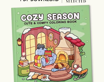 Puede incluir: Un libro para colorear en descarga PDF de 19 páginas titulado Cozy Season Cute & Comfy Coloring Book. La portada presenta un fondo verde con una ilustración de una habitación con chimenea, un sillón azul, un gato y un perro.