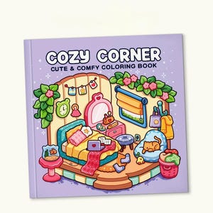 Op de afbeelding: Een vierkant kleurboek met een lichtpaarse kaft met de titel COZY CORNER CUTE & COMFY COLORING BOOK. De illustratie op de kaft toont een slaapkamer met een bed, een kaptafel, een raam, een kat op een stoel, een vissenkom en diverse decoratie.